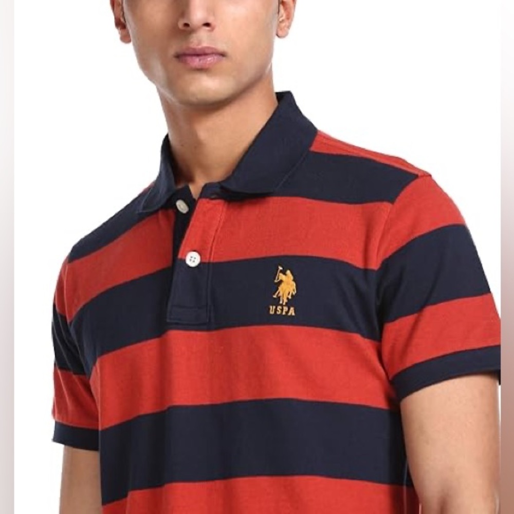 Men's Striped US Polo Shirt - Red and Blue Rugby Stripe Size L